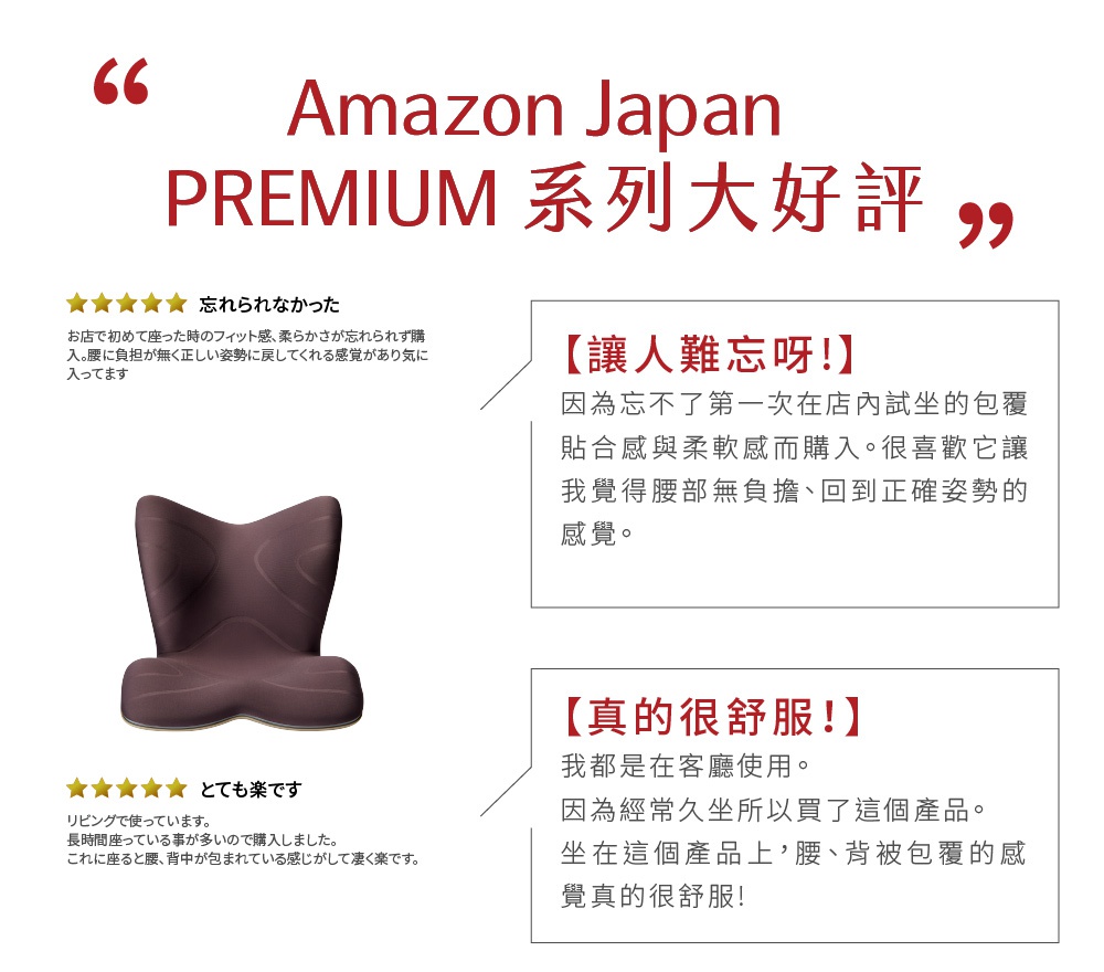 PREMIUM 舒適豪華調整椅，深棕色，獨特彎曲造型，提供腰部及背部支撐，材質為柔軟布料。