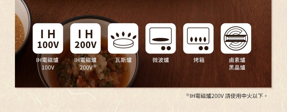 海軍藍陶土湯鍋，可適用於 IH 電磁爐 (100V/200V)、瓦斯爐、微波爐、烤箱及鹵素燈/黑晶爐。