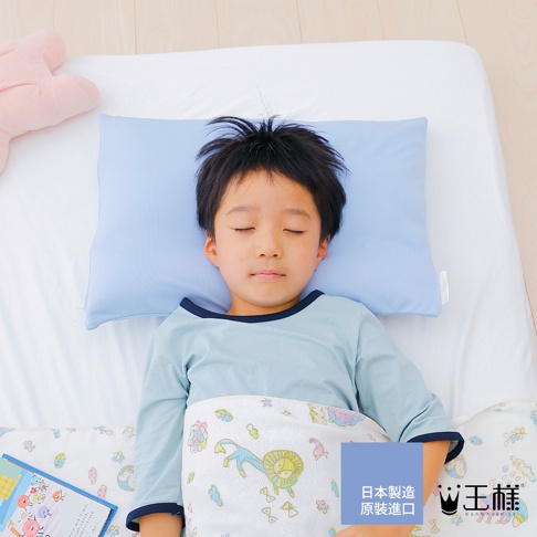 一個男孩側臥在床上，頭枕著淡藍色的「王様の小王子夢枕」。男孩穿著淺藍色長袖衣，蓋著一條印有獅子和花朵圖案的白色小被子。床單為白色，左側有一塊粉紅色的抱枕。