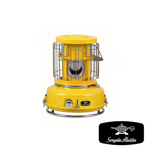 黃色金屬卡式瓦斯暖爐，頂部有圓形蓋板，側面有金屬網格防護罩，底部有旋鈕和開關，以及品牌標誌。