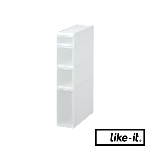 白色塑膠製四層夾縫收納櫃，櫃體纖細，具備四個透明抽屜，適合收納各種物品。