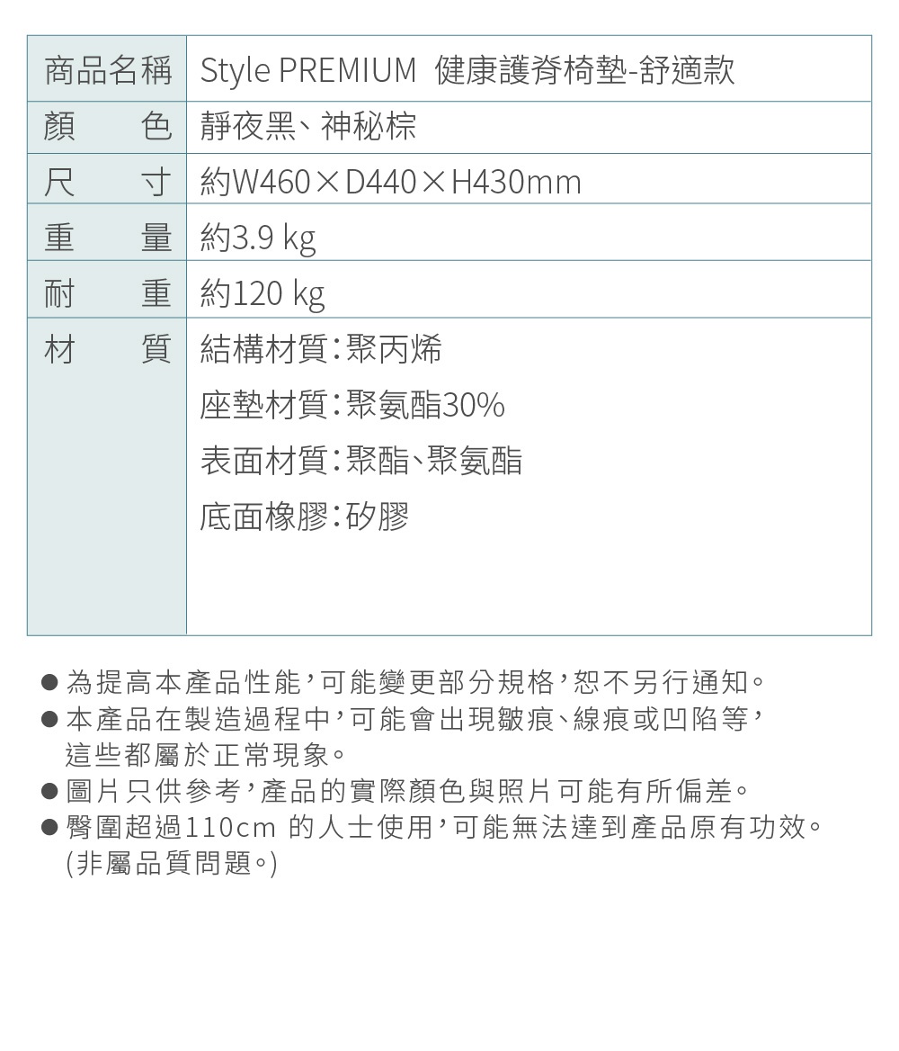 PREMIUM 舒適豪華調整椅，尺寸約 W460 x D440 x H430mm，結構材質為聚丙烯，座墊材質為聚氨酯30%，表面材質為聚酯、聚氨酯，底部橡膠為矽膠。