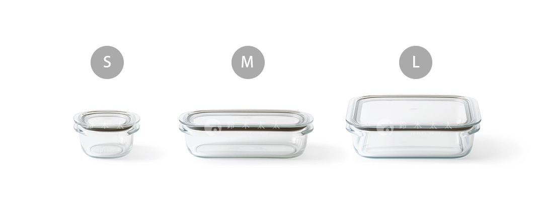 三個不同尺寸的透明玻璃保鮮盒，配有淺灰色密封蓋，盒身帶有把手。