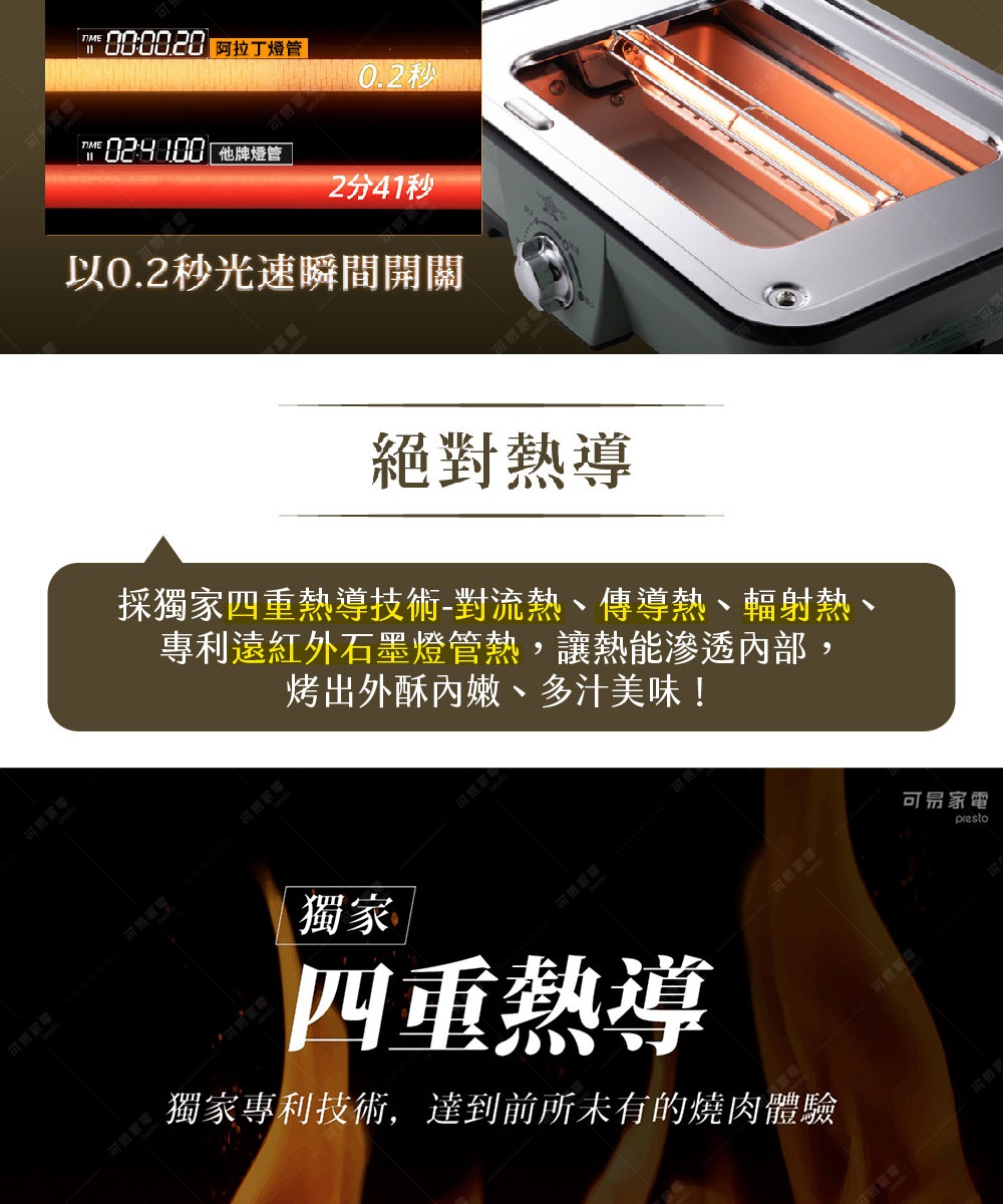 淺綠色迷你烤盤，內部有兩個發熱管，上方顯示「0.2秒」的加熱時間，下方顯示「2分41秒」的烹調時間，強調其快速加熱和烹調的特性。