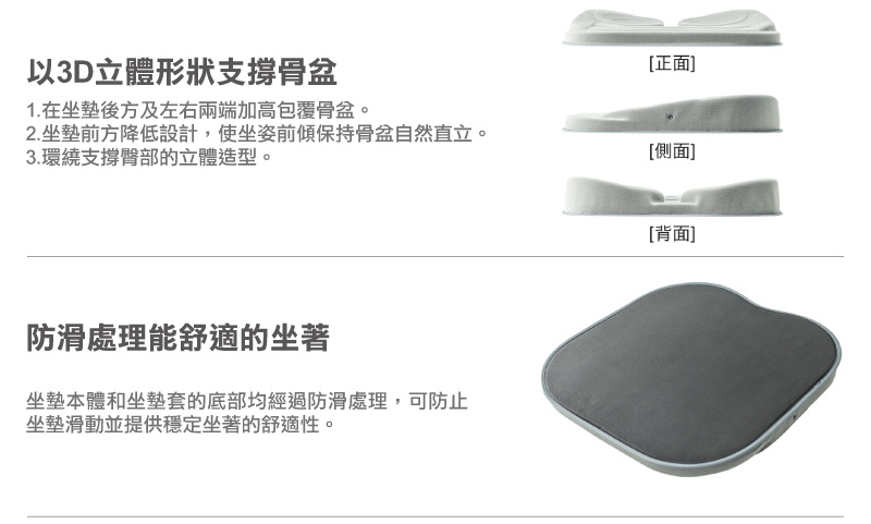 THE OWL 3D進階款坐墊，灰色布面材質，呈現人體工學3D立體造型，前低後高設計，底部為防滑處理的灰色紋理表面，確保乘坐穩定性。