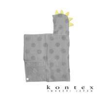 今治純棉小恐龍連帽浴巾，灰色，點狀提花，連帽上有黃色恐龍尖角裝飾。