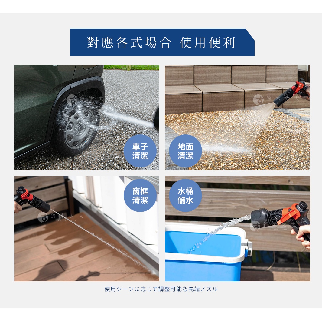 圖片以四宮格方式展示 takagi Tough Gear 旋噴頭-QG559 的多種使用情境，包含洗車、清潔地面、窗框，以及水桶蓄水。