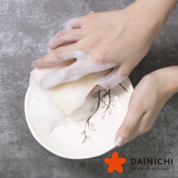 一雙手正拿著黃色海綿在一個白色花紋盤中清洗，海綿和盤子都充滿泡沫。