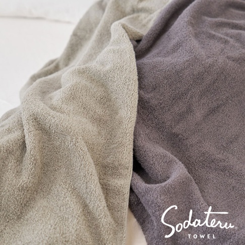 兩條柔順的雲感浴巾，一條為淺米色，另一條為煙灰色，材質蓬鬆，細緻的毛圈紋理清晰可見。