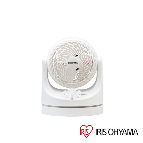 白色極靜音迷你型空氣循環扇，圓形扇葉網罩，設有三段風速調節旋鈕及擺頭功能，底部為白色圓形底座。