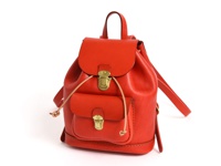 紅色皮革迷你後背包，配有抽繩開口、翻蓋和兩個前袋，均帶有金色搭扣。