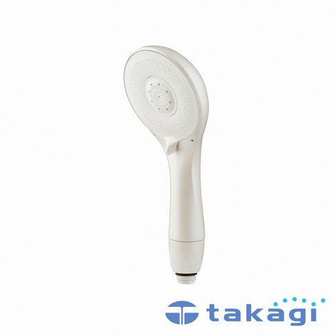 takagi KIREIST 真淨水蓮蓬頭 JS460BK 的產品照，外觀為簡約的米白色塑膠材質，圓形噴灑面板設有細密的出水孔與中央調節撥桿，底部附有標準接頭，整體採直立視角拍攝，下方帶有 takagi 品牌標誌。