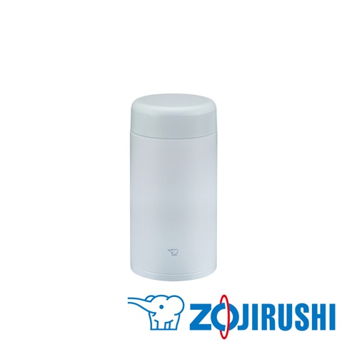 白色不鏽鋼一體式杯蓋真空燜燒杯，圓潤杯蓋設計，瓶身印有象印Logo。