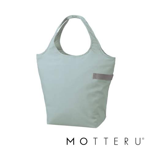 淡藍綠色的大容量摺疊保冷托特袋，材質為尼龍，袋身簡約，右側有灰色織帶裝飾，提把為彎月形。