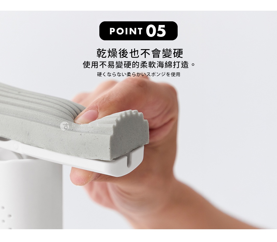 手部正在擠壓灰色軟海綿刷頭，海綿上有凹槽設計，刷頭固定在白色手柄上。