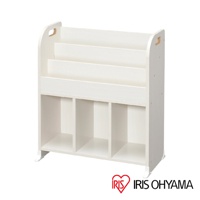 童心繪本架 ER-6030，白色木質材質，擁有三層傾斜式書架，下方有四個獨立的收納隔間，側面有圓形提把，適合兒童使用。