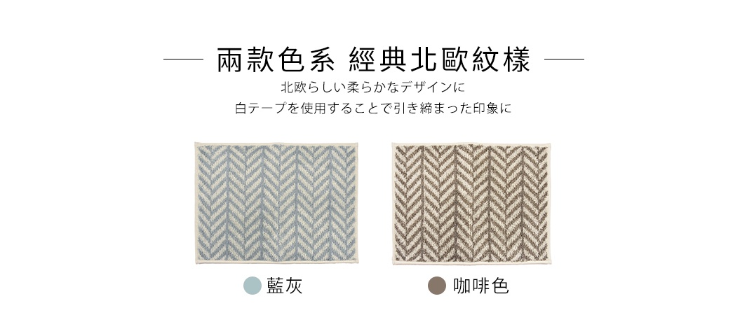 TRIABEAT 北歐風人字紋玄關地墊，展示藍灰與咖啡色兩款，皆為經典人字紋編織，搭配米白色滾邊。