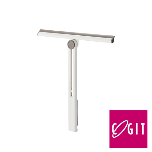 白色 T 型刮水器，帶有灰色橡膠刮條和灰色旋轉接頭。手柄部分為白色，底部有黑色磁吸部分。右下角為粉紅色方形 Logo，上面有白色文字 OGIT。