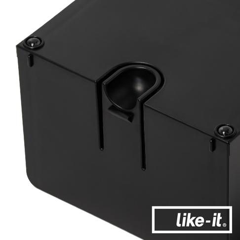 黑色小屋形衛生紙盒，頂部有一圓形開口，兩側有長條形切口，材質為塑膠。