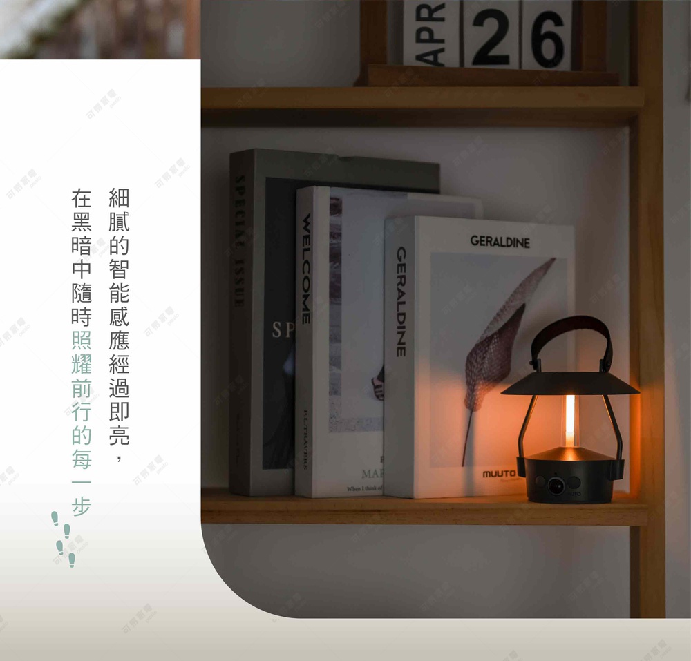 無尾熊造型智慧感應LED燈，黑色金屬燈架搭配透明燈罩，內置暖黃色光源，底部有兩個黑色圓形按鈕，置於木架上，旁邊有書籍。