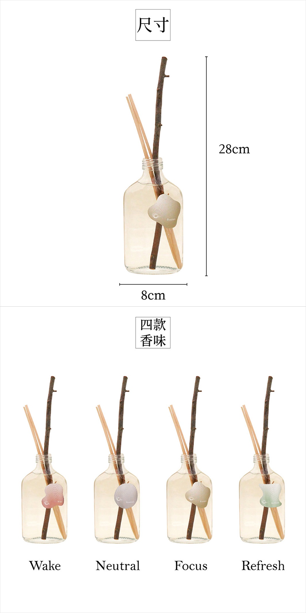 一瓶裝有擴香竹的透明玻璃瓶，瓶身上方標示著「尺寸」，下方有 28cm 和 8cm 的尺寸標示，瓶內有一根深色樹枝和兩根淺色擴香竹。下方圖片展示了四種不同香味的擴香瓶，分別標示為 Wake、Neutral、Focus 和 Refresh。