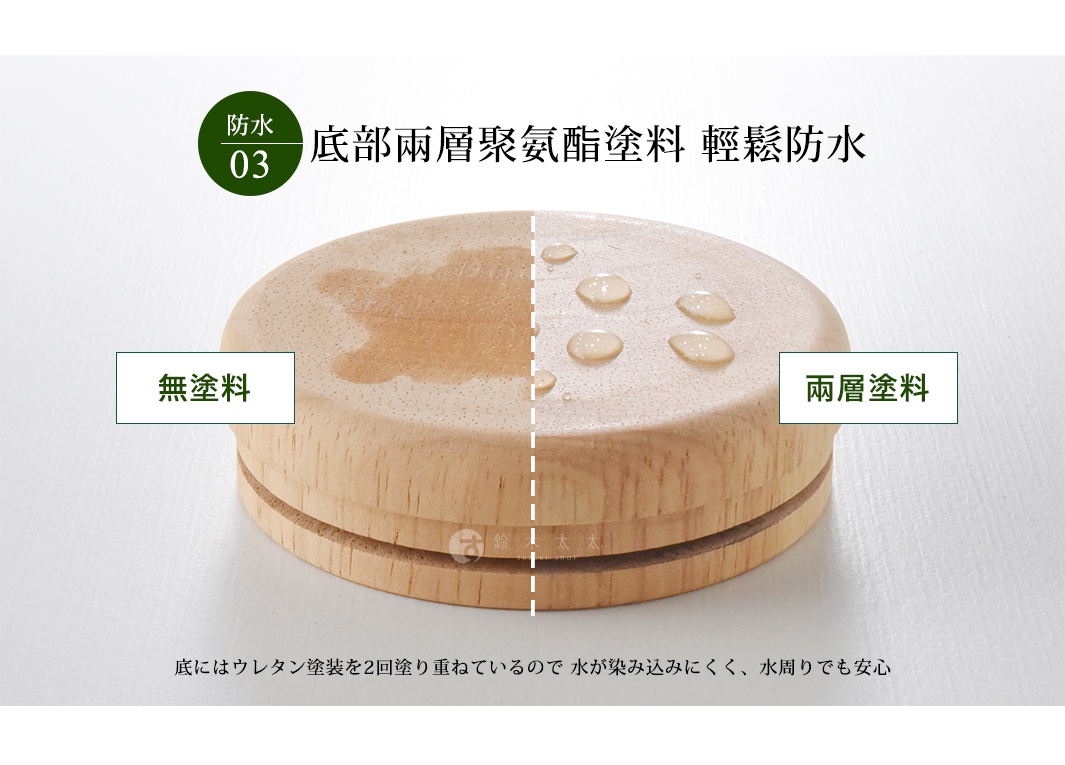 圓形木質餐具收納筒，左半部為無塗層，右半部為雙層塗料，右半部表面有水珠，顯示其防水效果。