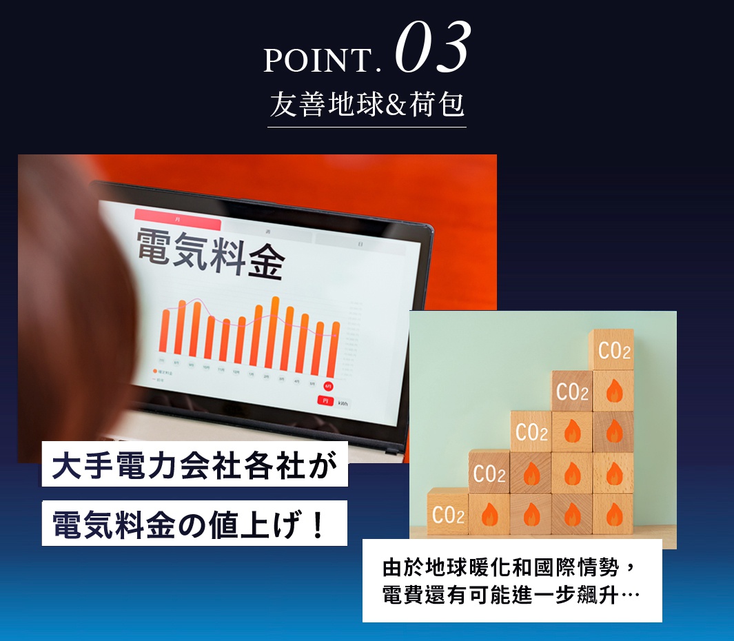 一塊筆記型電腦螢幕顯示著「電費」圖表，旁邊堆疊著印有「CO2」和火焰圖案的木塊。