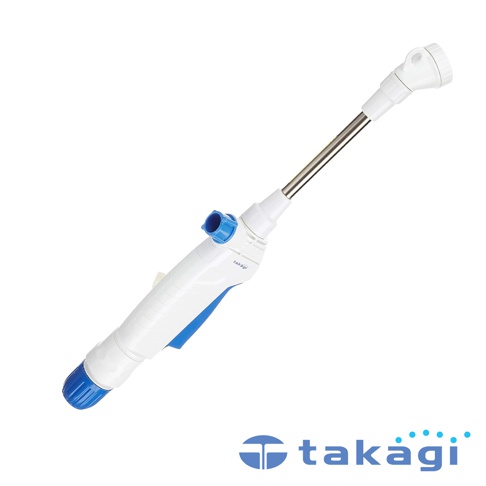 白色塑膠握柄的短灑水噴嘴，配有藍色調節鈕和藍色按壓式開關，末端為不鏽鋼管連接白色噴頭。