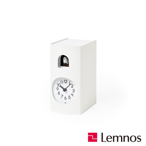 雪白書本造型布穀鳥報時鐘，側面有時鐘面盤，上方小窗有布穀鳥，整體為簡約方形設計。