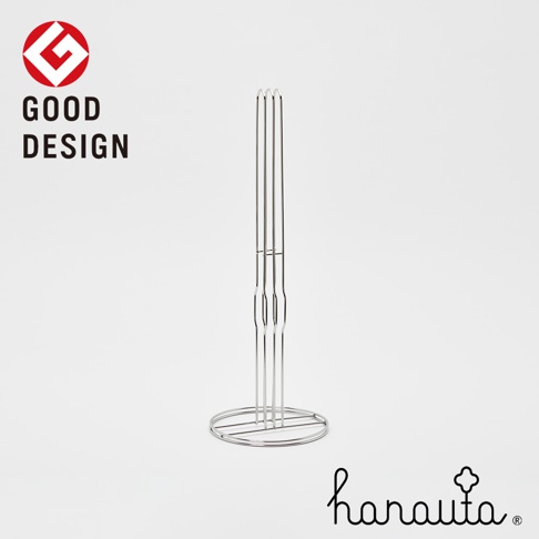 銀色不鏽鋼製成的立式紙巾架，有圓形底座，上方有三根垂直的支架。