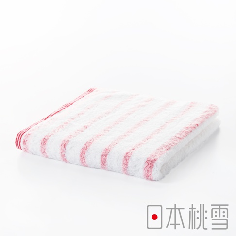 一條摺疊的今治毛巾，白色底布上有細緻的紅色橫條紋，材質輕柔，邊緣有紅色滾邊。