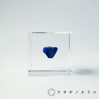 方形透明壓克力塊中，懸浮著一塊深藍色、帶有不規則紋理的青金岩礦石。