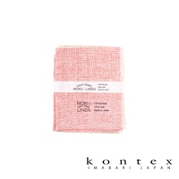MOKU LINEN 輕薄速乾棉麻拭巾，呈現珊瑚粉紅色，材質為棉麻混紡，織紋清晰，帶有日製標籤。