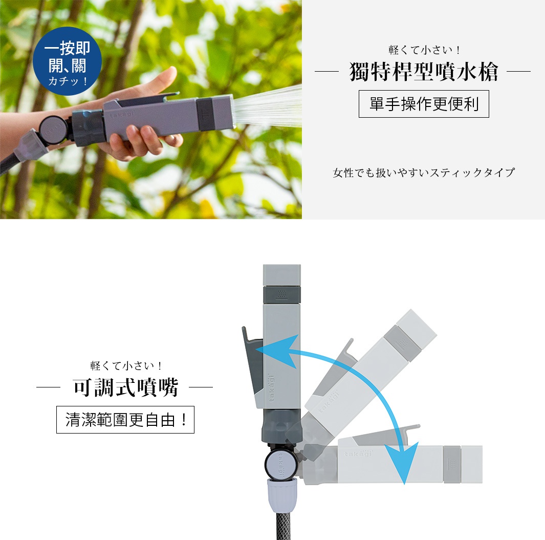 手持灰色桿型水槍，噴出細緻水柱，背景為綠葉。另一張圖顯示灰色水槍頭可調整噴嘴角度，並有箭頭指示。