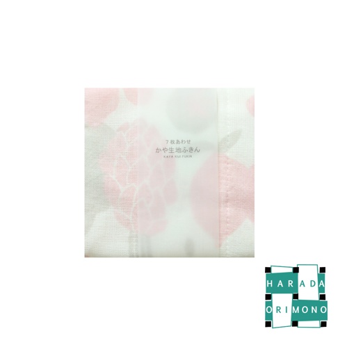 七層紗疊織的家事萬用擦拭巾，四入組A組，材質為柔軟的棉質，粉色與白色交織的緹花圖案，搭配透明包裝。