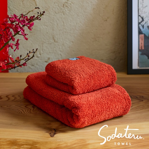 養育TOWEL 珊瑚橘色系浴巾，上方疊著兩條，左側有紅色系花束，右側為日本畫框。