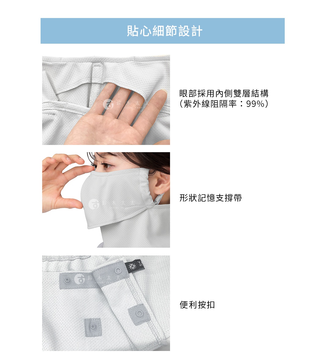這張圖片展示了 MARUFUKU 丸福纖維 YAKENU 爽COOL 吸汗降溫遮陽半面罩的貼心細節設計。圖片分為三個部分，第一部分展示了面罩眼部區域採用的內側雙層結構，具有 99% 的紫外線阻隔率；第二部分呈現了面罩鼻樑處配置的形狀記憶支撐帶，方便佩戴者調整貼合度；第三部分則展示了面罩後方的便利按扣設計，方便穿脫與固定。
