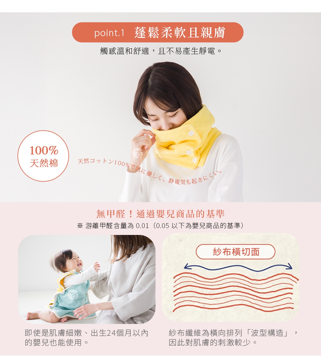 圖片文字：point.1 蓬鬆柔軟且親膚觸感溫和舒適，且不易產生靜電。100%天然棉。天然コットン100%で肌に優しく、静電気も起きにくい。無甲醛！通過嬰兒商品的基準 ※游離甲醛含量為0.01（0.05以下為嬰兒商品的基準）。即使是肌膚細緻、出生24個月以內的嬰兒也能使用。紗布橫切面 紗布纖維為橫向排列「波型構造」，因此對肌膚的刺激較少。