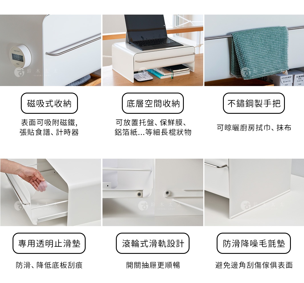 UtaU 抽屜式多功能萬用收納整理櫃，展示磁吸式收納、底部空間收納、不鏽鋼掛桿、滾輪滑軌設計與防滑腳墊等特色。