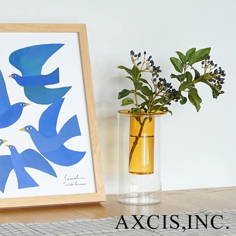 AXCIS 品牌 PINO 雙層可拆玻璃花瓶-高款，搭配藍色飛鳥藝術畫作，風格簡約清新