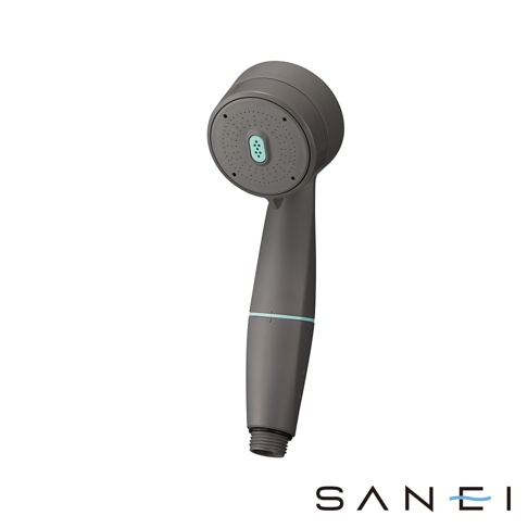 深灰色塑膠製兩段式水流按摩蓮蓬頭，蓮蓬頭頂部有圓形出水孔，中央有綠色橢圓形區域，握柄處有一淺藍色飾帶，底部為螺紋連接處。