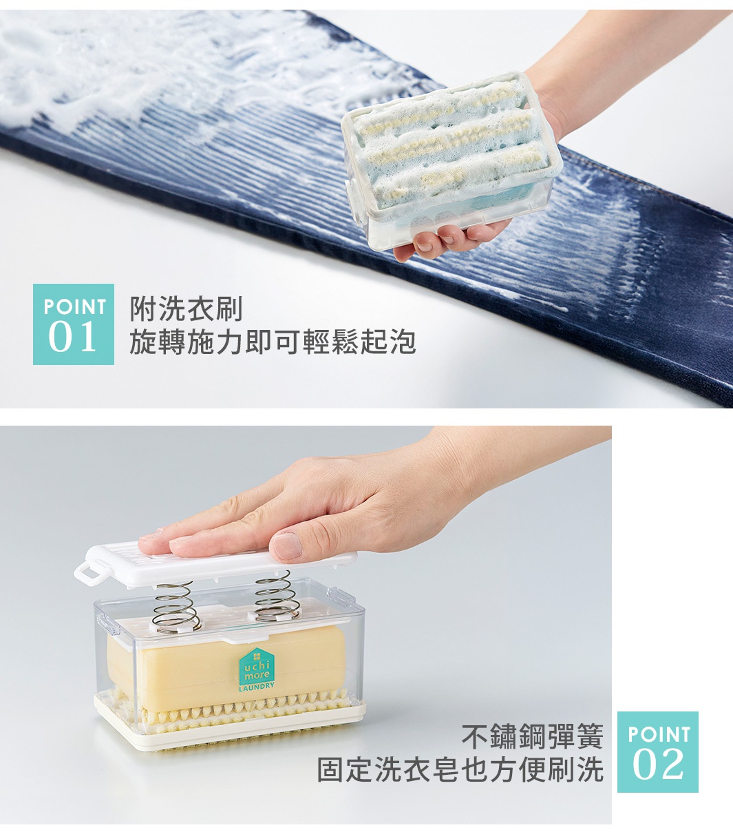 透明塑膠盒內置黃色洗衣皂，上方有白色蓋子和彈簧，下方有黃色刷毛。頂部圖片顯示一個手持帶有泡沫的白色滾筒刷，在深藍色帶有紋路的布料上使用。