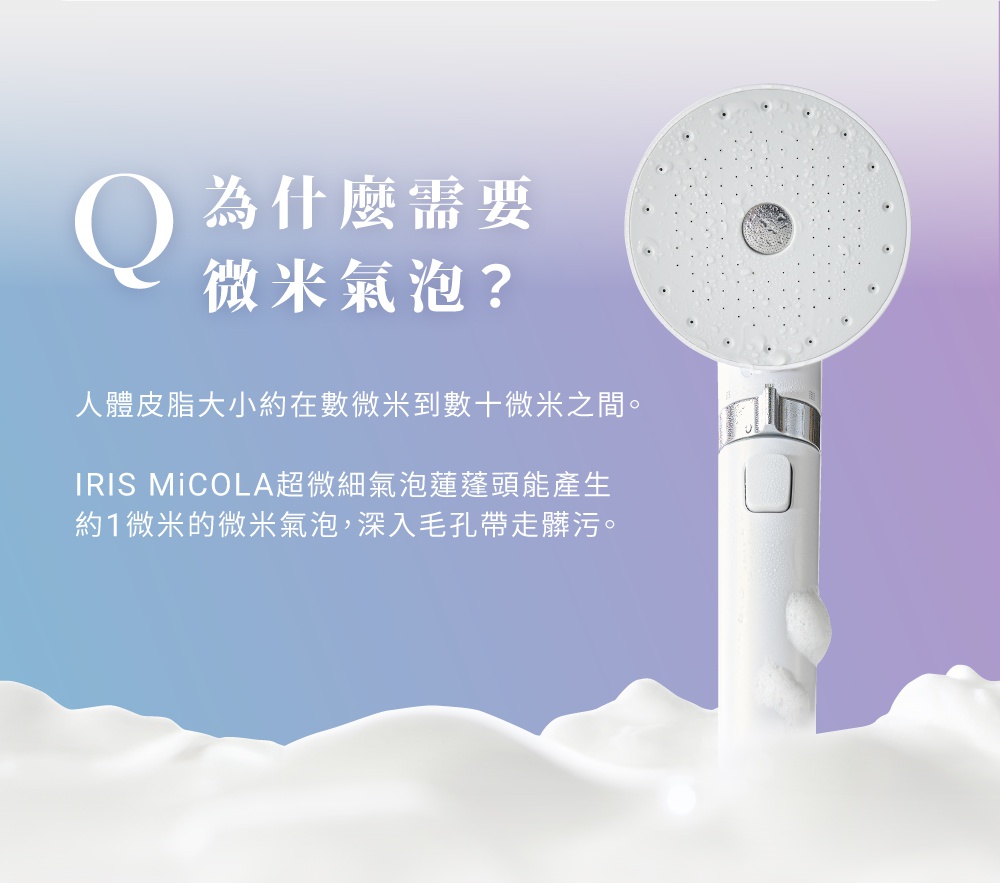 IRIS MICOLA 超微細泡蓮蓬頭，產生約 1 微米的微米氣泡，深入毛孔帶走髒污