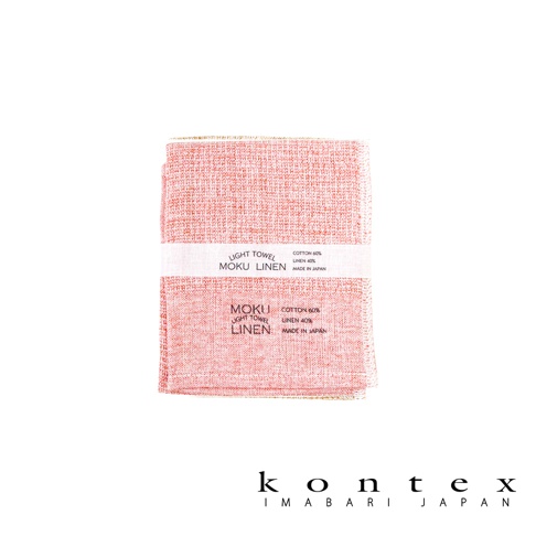 MOKU LINEN 輕薄速乾棉麻拭巾，呈現珊瑚粉紅色，材質為棉麻混紡，織紋清晰，帶有日製標籤。
