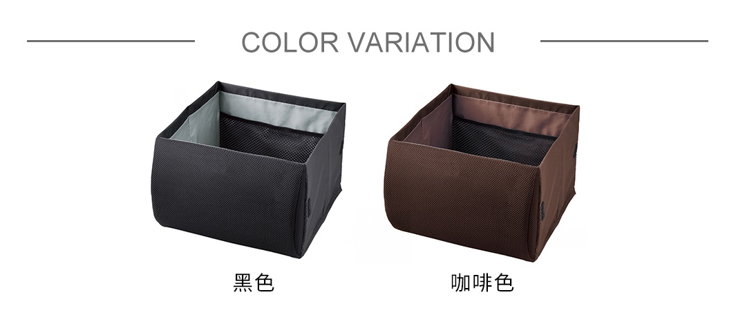 展示兩款 2WAY 車內專用置物收納靠墊，一款為黑色，另一款為咖啡色。兩款皆為方形設計，外部材質帶有紋理，內部有網狀隔層和淺灰色內襯。