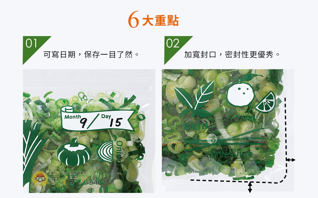 透明密封保鮮袋內裝有切碎的蔥，袋子上有標示日期 (9/15) 的白色緞帶裝飾，以及綠色蔬菜圖案，包括蔥、南瓜、洋蔥、檸檬切片和葉子。
