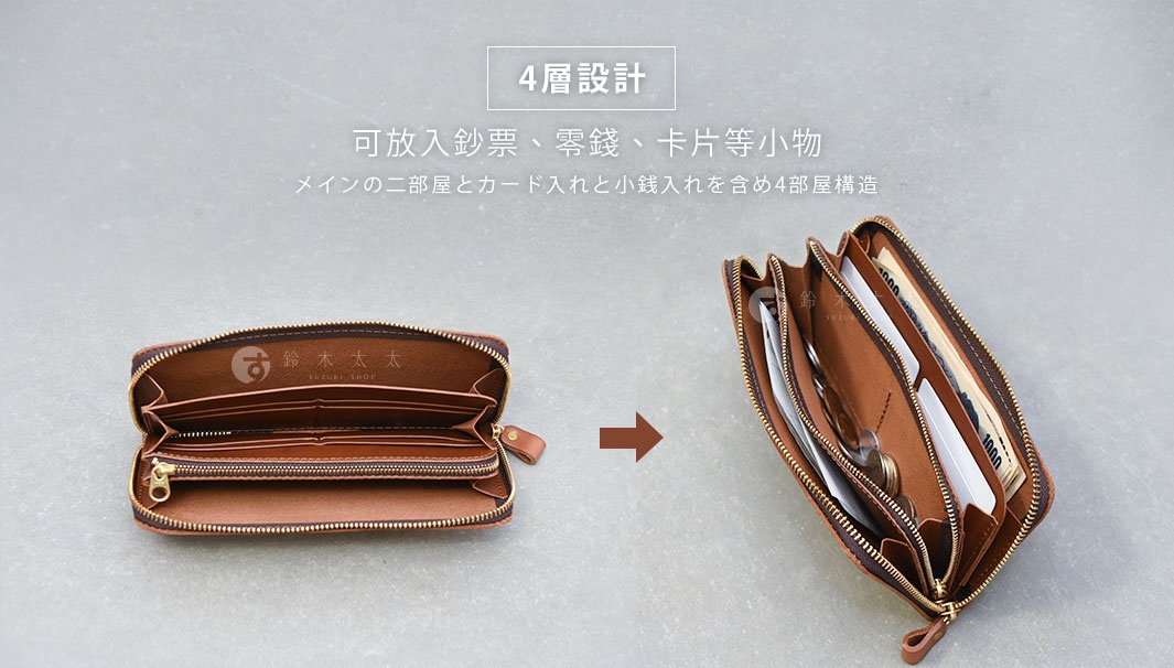 職人手作皮革Organ拉鍊長夾，展示閉合狀態與展開內部結構，內部為棕色皮革，有分層設計，可放置鈔票、零錢、卡片等物品。