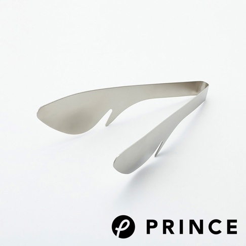 不鏽鋼料理勺型分菜夾，銀色，帶有兩側的勺形夾頭與內側的防滑齒紋。