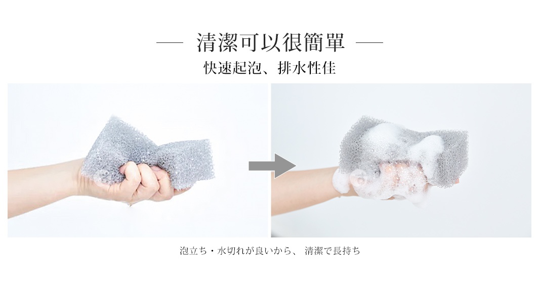 一隻手握著灰色、網狀質地的海綿，另一隻手握著沾滿豐富泡沫的相同海綿。