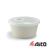 淺米色美濃燒保鮮碗，附白色透明蓋，蓋子上有日期轉盤。